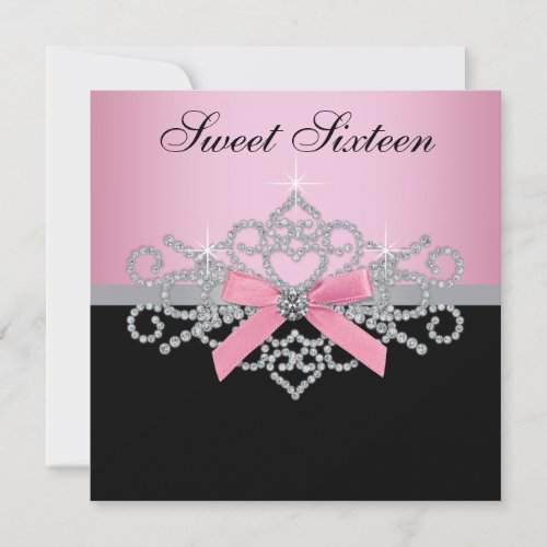 White Diamonds Pink Black Sweet 16 Birthday Party Invitations