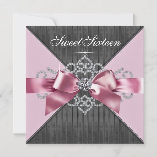 White Diamonds Pink Black Sweet 16 Birthday Party Personalized Invitations