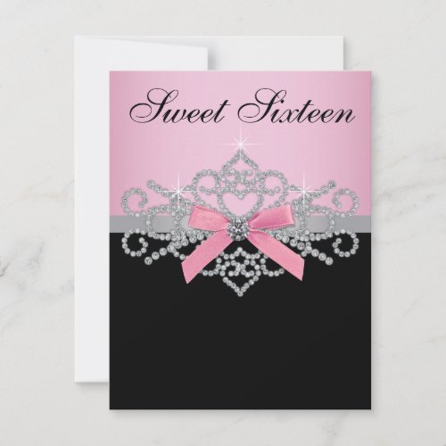 White Diamonds Pink Black Sweet 16 Birthday Party Invitation