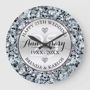 White Diamonds Silver Wedding Anniversary Large Clock
