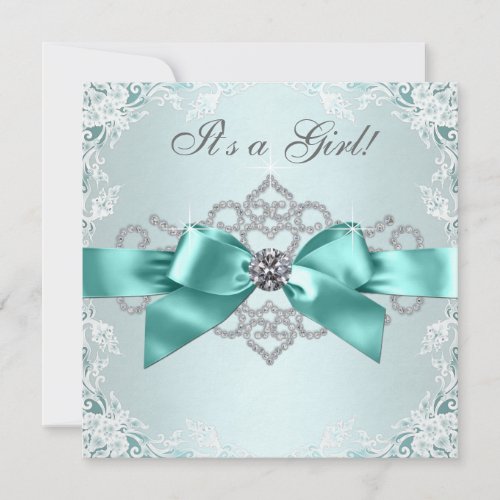 White Diamonds Teal Blue Baby Shower Invitation