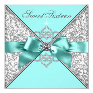 White Diamonds Teal Blue Sweet 16 Birthday Party Card