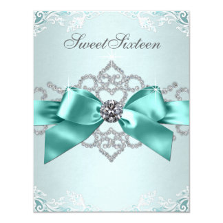 White Diamonds Teal Blue Sweet 16 Birthday Party Card