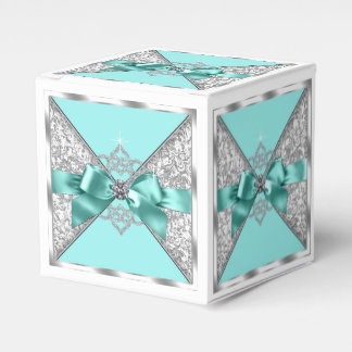 White Diamonds Teal Blue Sweet 16 Birthday Party Favor Box