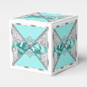 White Diamonds Teal Blue Sweet 16 Birthday Party Favor Boxes