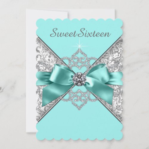 White Diamonds Teal Blue Sweet 16 Birthday Party Invitation