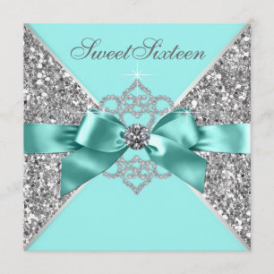 White Diamonds Teal Blue Sweet 16 Birthday Party Invitation