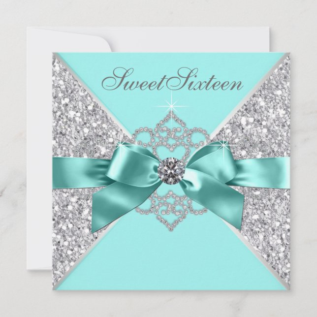 White Diamonds Teal Blue Sweet 16 Birthday Party Invitation (Front)