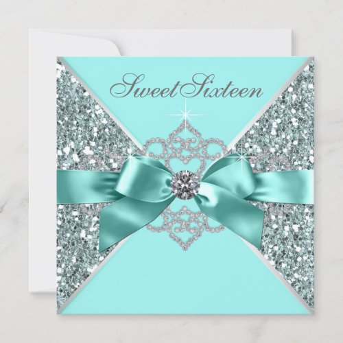 White Diamonds Teal Blue Sweet 16 Birthday Party Custom Invite