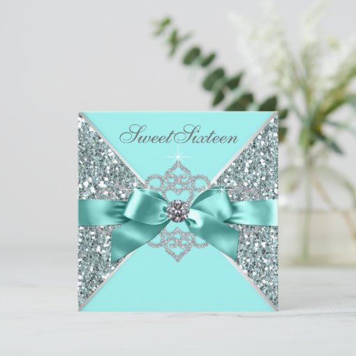 White Diamonds Teal Blue Sweet 16 Birthday Party Invitation Zazzle