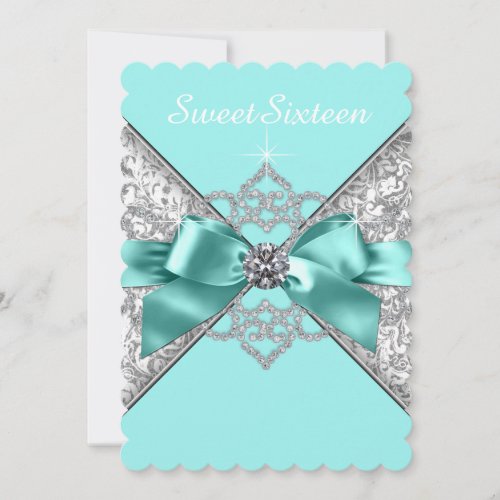 White Diamonds Teal Blue Sweet 16 Birthday Party Invitation