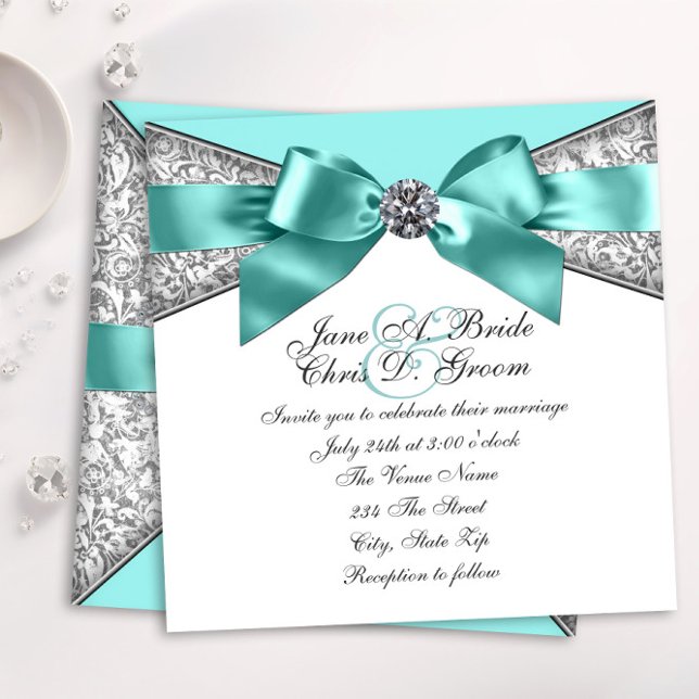 White Diamonds Teal Blue Wedding Invitation (Elegant teal blue diamond wedding invitation. )