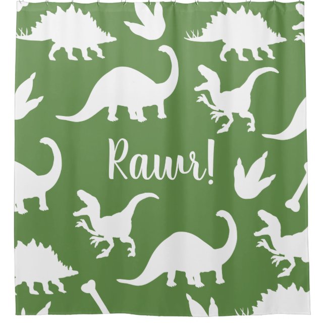 White Dinosaur Silhouettes & Green Shower Curtain (Front)