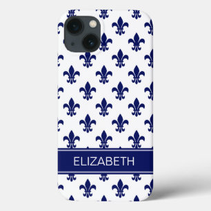 White / DIY Navy Fleur de Lis Navy Name Monogram iPhone 13 Case