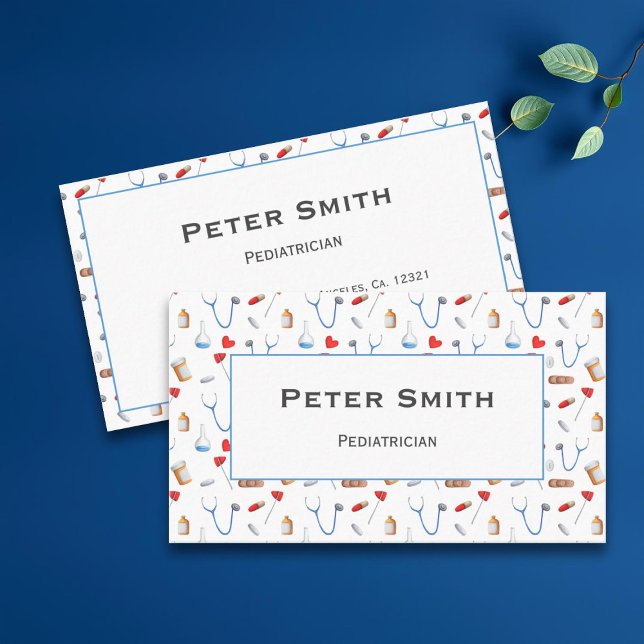 White Doctor Equipment Pattern Pediatrician Business Card (Creator Uploaded)