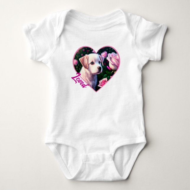 White Dog And Rose Collection Baby Bodysuit (Front)