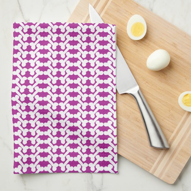 White Dog Bone Herringbone Pattern Dark Magenta Kitchen Towel (Quarter Fold)