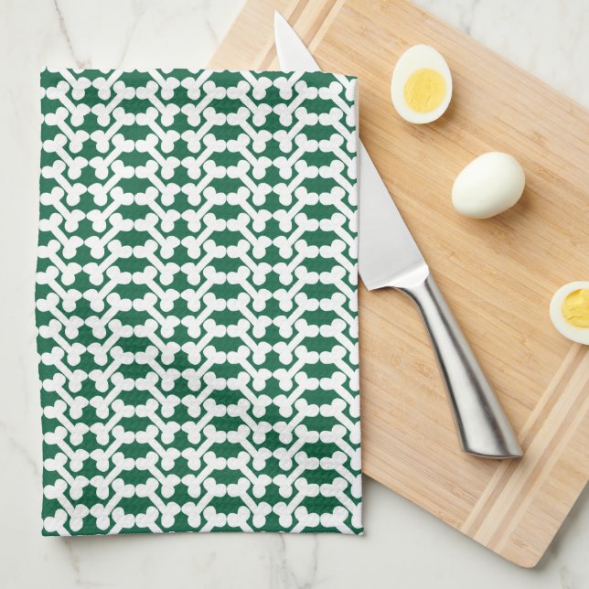 White Dog Bone Herringbone Pattern Hunter Green Kitchen Towel (Quarter Fold)
