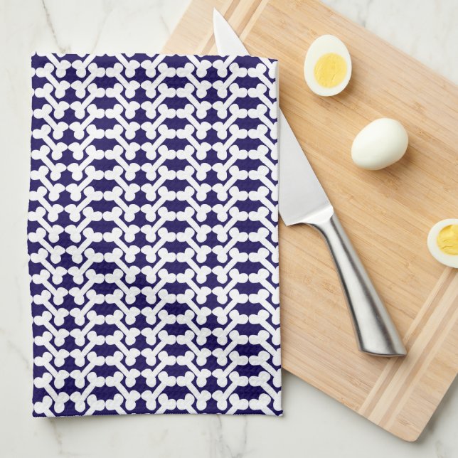 White Dog Bone Herringbone Pattern Navy Blue Kitchen Towel (Quarter Fold)