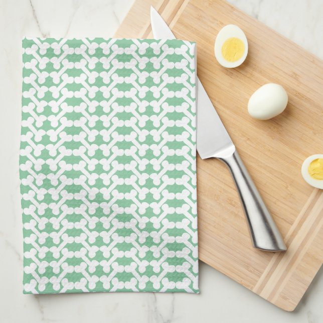 White Dog Bone Herringbone Pattern Sage Green Kitchen Towel (Quarter Fold)