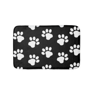 White Dog Cat Paw Prints on Black Bath Mat