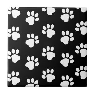 White Dog Cat Paw Prints on Black Ceramic Tile