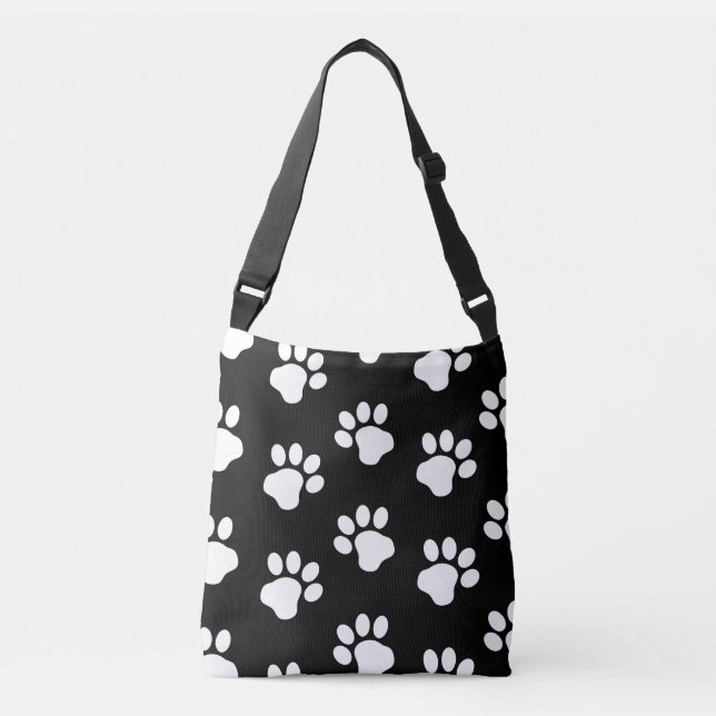 White Dog Cat Paw Prints on Black Crossbody Bag (Front)