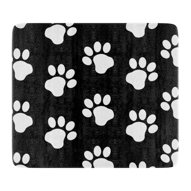 White Dog Cat Paw Prints on Black Cutting Board (Front)