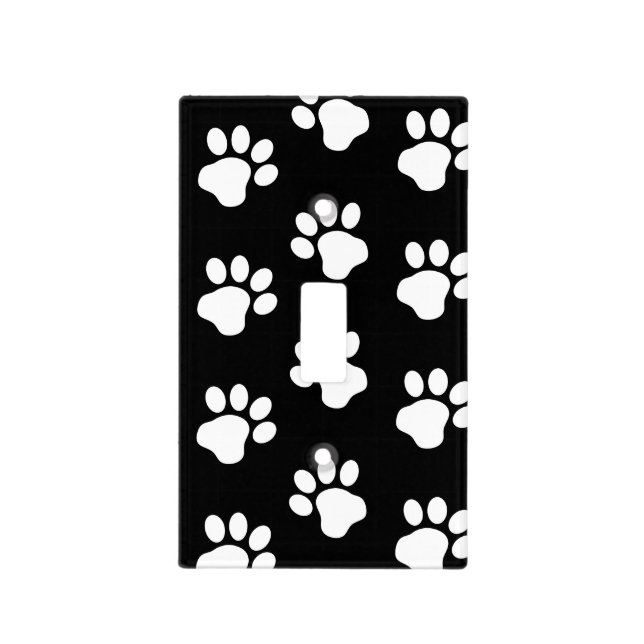 White Dog Cat Paw Prints on Black Light Switch Cover (Front)