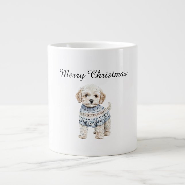 White Dog in Blue Sweater Christmas Giant Coffee Mug (Front)