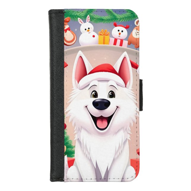 White Dog in Santa Hat iPhone Wallet Case (Front)