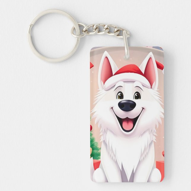 White Dog in Santa Hat Keychain (Front)