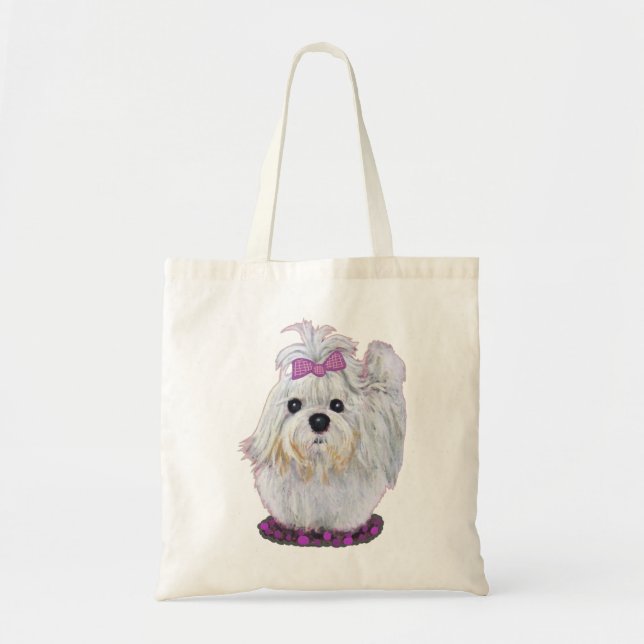 White dog maltese puppy painting purple bow tote bag (Front)