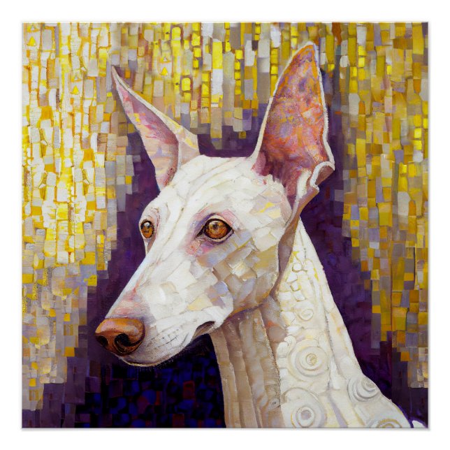 White Dog Mosaic Gold Podenco Klimt Style  Poster (Front)