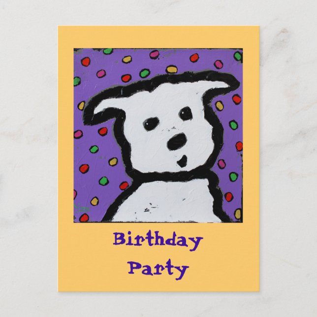 white dog on dots postcard birthday invite (Front)