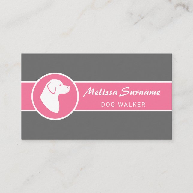 White Dog On Pink & Gray Dog Walker Pet Sitter Business Card (Front)