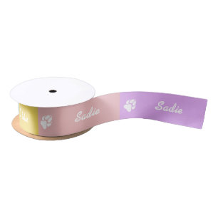White Dog Paw And Name On Colorful Pastel Colors Satin Ribbon