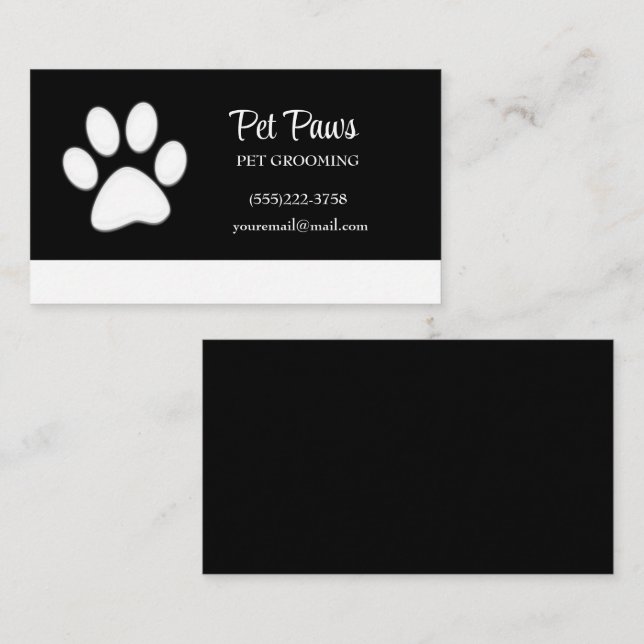  White Dog Paw on black Pet Grooming Service  Business Card (Front/Back)