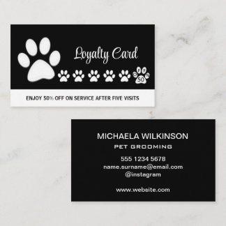 White Dog Paw on black Pet Grooming Service Loyalty Card