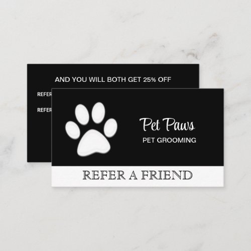  White Dog Paw on black Pet Grooming Service  Referral Card