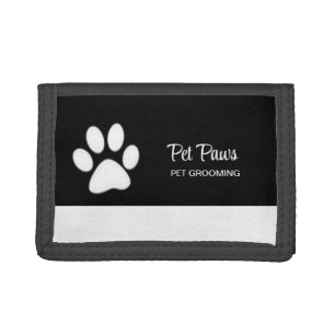  White Dog Paw on black Pet Grooming Service  Tri-fold Wallet