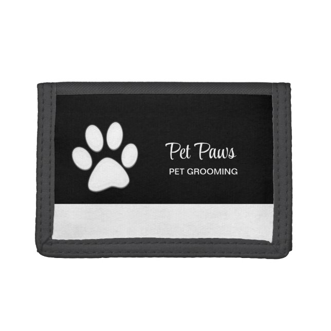  White Dog Paw on black Pet Grooming Service  Trifold Wallet (Front)