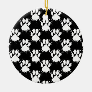 White Dog Paw Pattern With Paint Splatter Ceramic Ornament