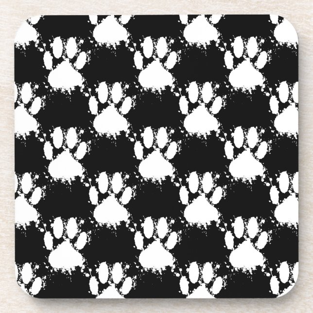 White Dog Paw Pattern With Paint Splatter Drink Coaster (Front)