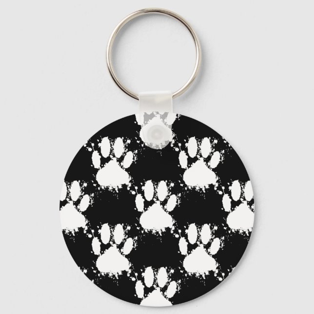 White Dog Paw Pattern With Paint Splatter Keychain (Front)