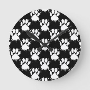 White Dog Paw Pattern With Paint Splatter Round Clock