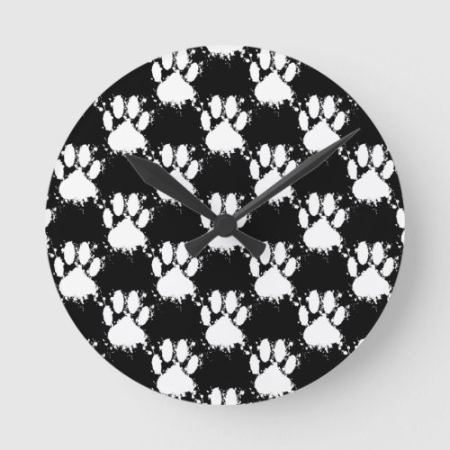 White Dog Paw Pattern With Paint Splatter Round Clock