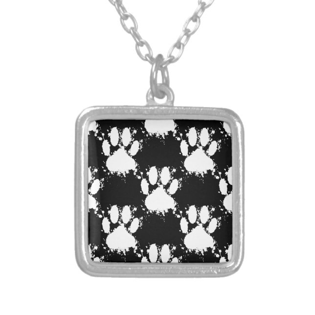White Dog Paw Pattern With Paint Splatter Silver Plated Necklace (Front)