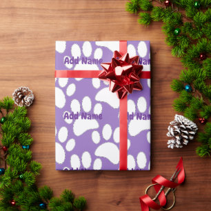 White Dog Paw Print Custom Name Purple Wrapping Paper