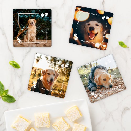 White Dog Paw Print Frame 4 Photos Coaster Set